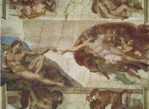 La creazione dell’uomo. Particolare dell’affresco della Cappella Sistina  Di Michelangelo Buonarroti. Ca. 1504